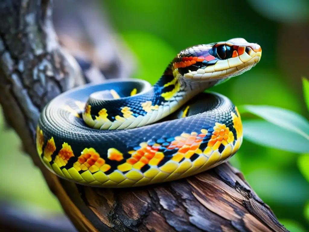 Detalle de la anatomía de una serpiente sin extremidades enroscada en una rama, resaltando sus escamas y colores vibrantes