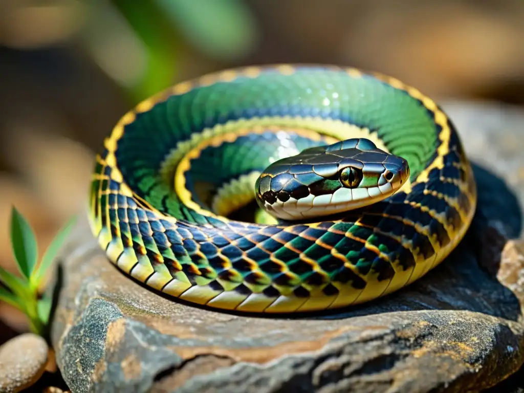 Detalle de una serpiente inmóvil en una roca, con escamas y patrones claramente visibles