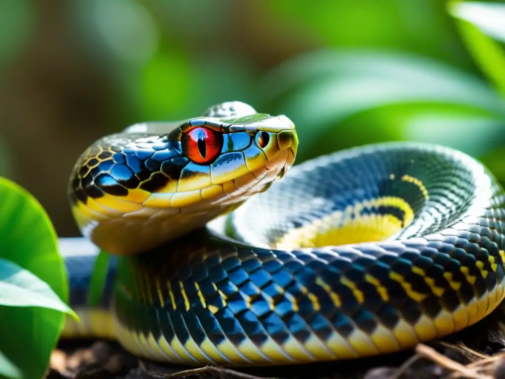 Detalle de una serpiente explorando con su lengua bifurcada y receptores sensibles, patrones en la piel y hábitat natural