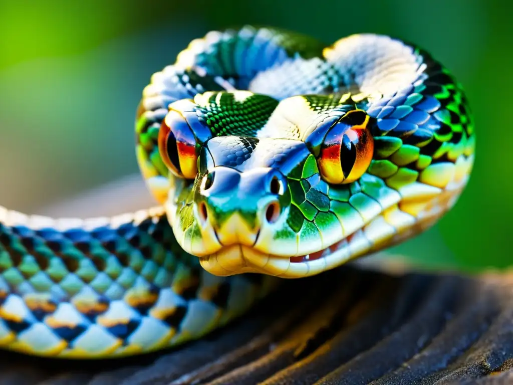 Detalle de una serpiente con la lengua bifurcada, deslumbrando con sus escamas iridiscentes y su mirada intensa en su hábitat natural