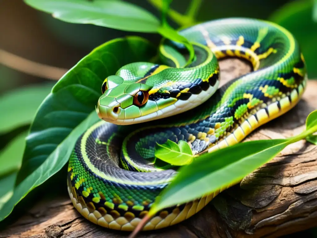 Detalle de serpiente mudando su piel entre hojas verdes, indicadores ambientales de reptiles