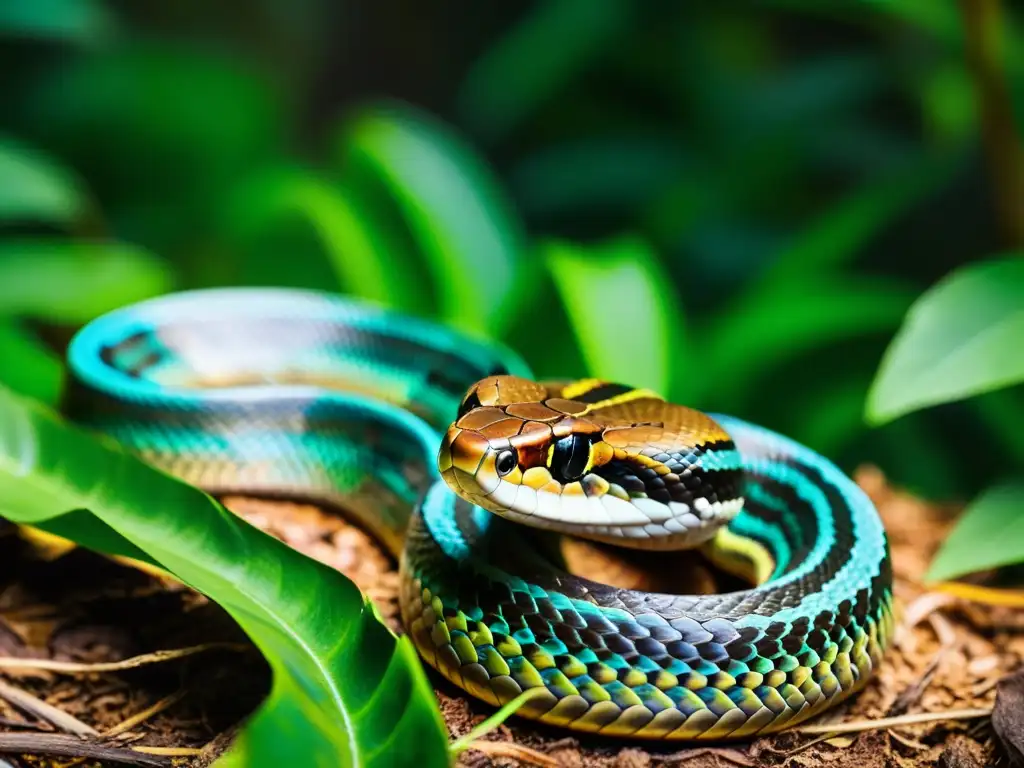 Detalle de serpiente venenosa en la densa selva tropical, capturando la intensidad del rastreo de serpientes venenosas