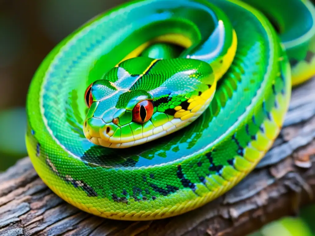 Detalle de serpiente verde brillante en árbol, mostrando adaptabilidad y determinación frente al impacto del calentamiento global