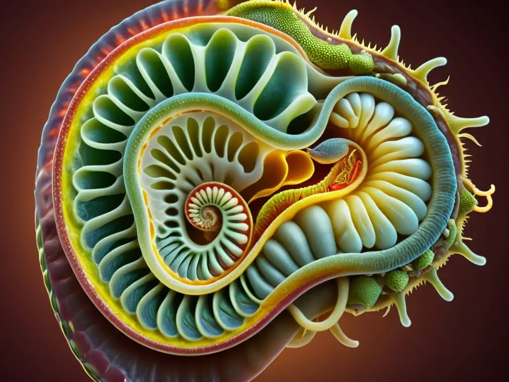 Detalle del sistema digestivo de reptil con parásitos internos