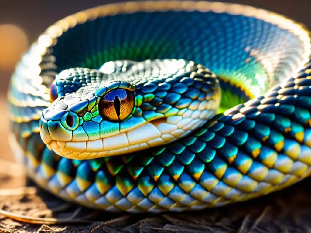 Detalle sorprendente de las escamas iridiscentes de una serpiente venenosa