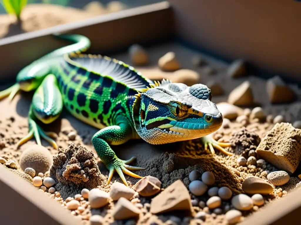 Detalle de sustratos para reproducción de reptiles en cautiverio, con texturas iluminadas por la luz natural