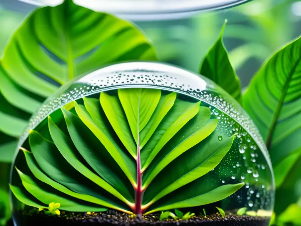 Detalle de terrario con plantas tropicales verdes y equilibrio de humedad, creando un ambiente cautivador