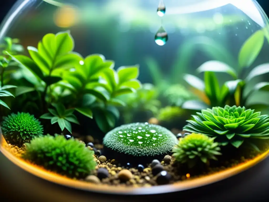 Detalle de un terrario con vibrante vegetación y gotas de agua, evocando tranquilidad y precisión en el control clima terrarios temperatura humedad