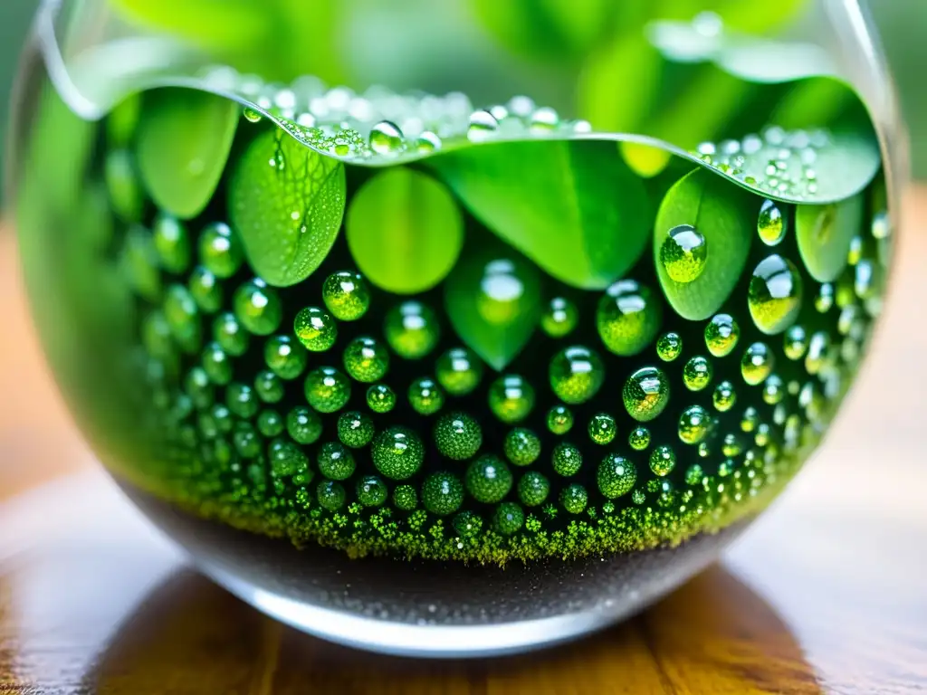 Detalle de terrario de vidrio con plantas exuberantes, gotas de agua por condensación y reptil entre follaje