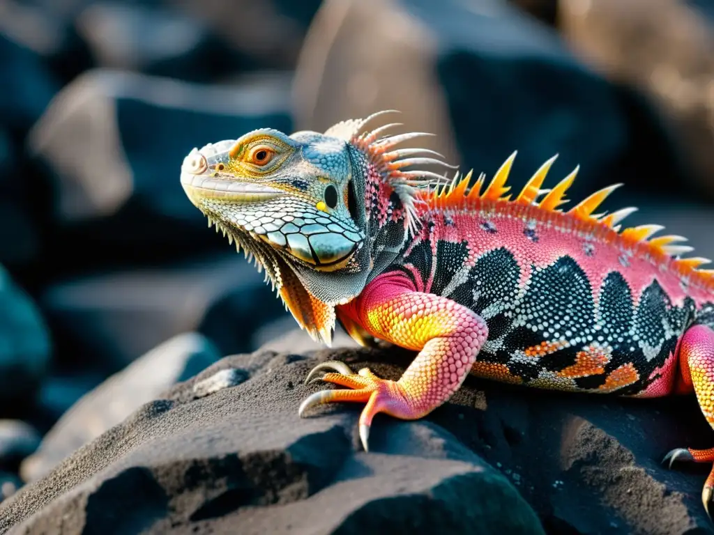 Detalle de la textura y color de una iguana rosada de Galápagos descansando en una roca volcánica, resaltando su belleza y necesidad de conservación