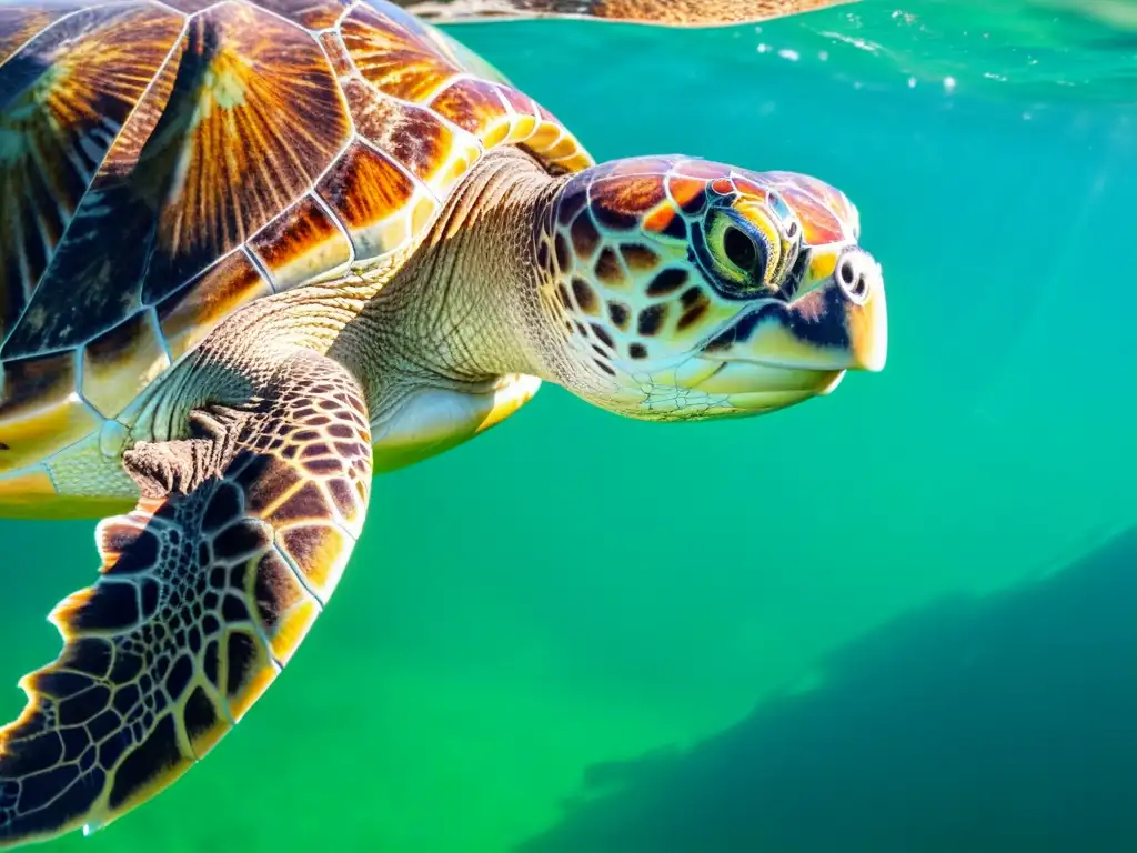 Detalle de la textura y escamas de una tortuga marina, con colores vibrantes y vida marina, mostrando relaciones simbióticas reptiles marinos