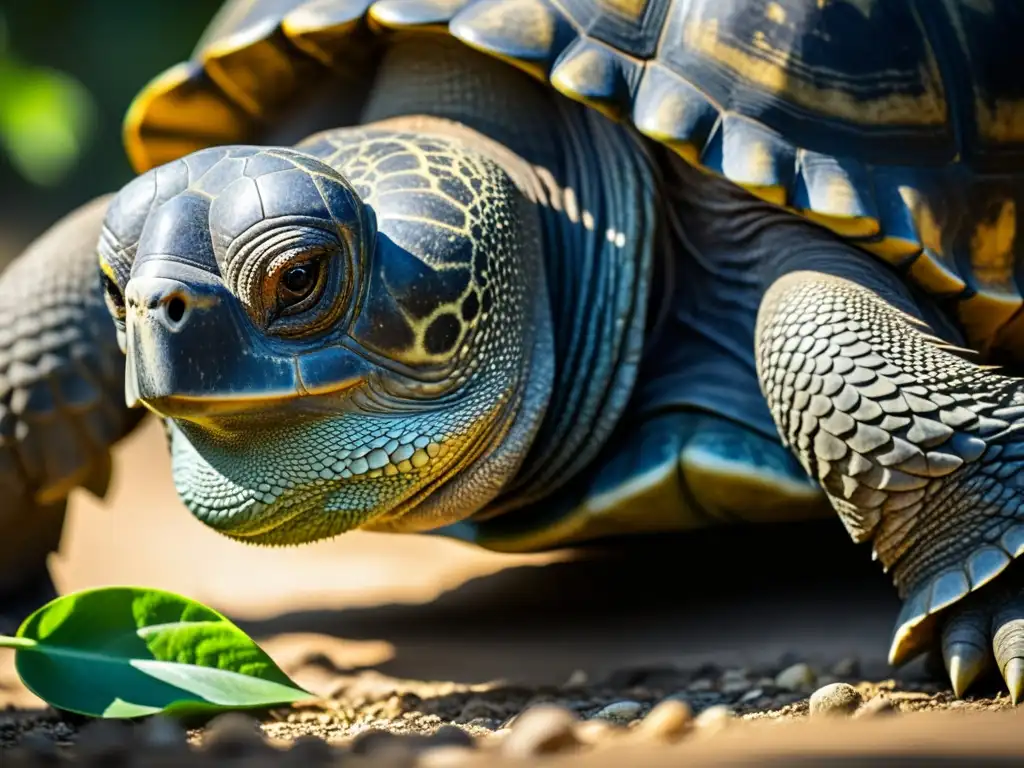 Detalle de la textura y sabiduría en la mirada de una tortuga gigante Aldabra de 150 años, bajo la luz filtrada en un frondoso bosque