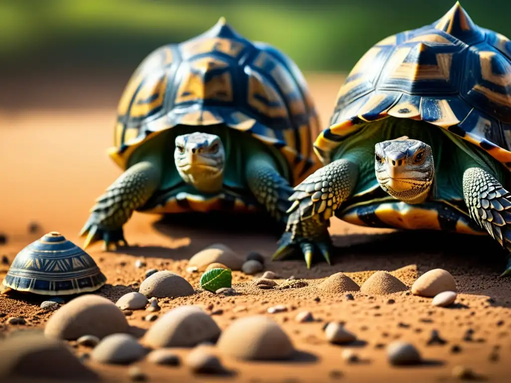 Detalle de tortugas en comportamiento social, comunicación y patrones en su caparazón en su hábitat natural