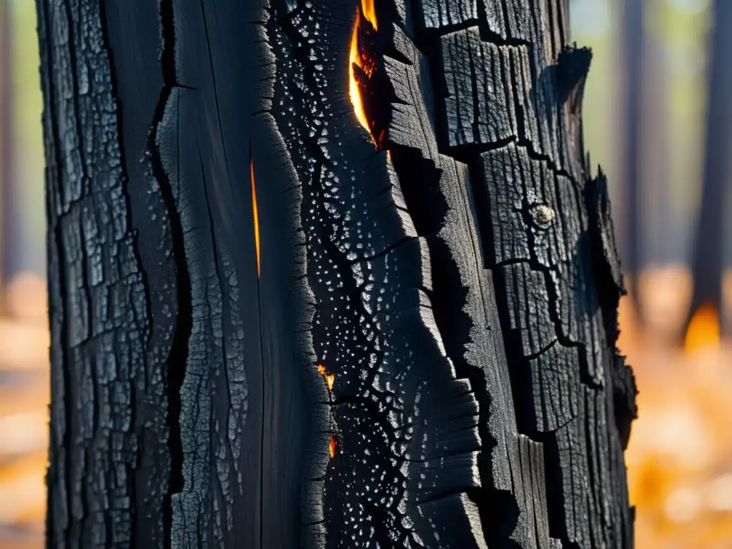 Detalle de un tronco carbonizado en un bosque, mostrando la devastación y la resiliencia tras un incendio