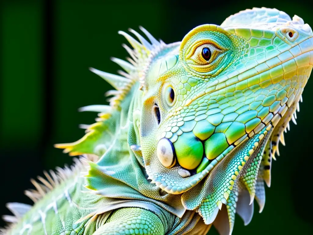 Detalle ultrarrealista de las escamas solapadas en la piel de una iguana verde, destacando sus patrones e texturas