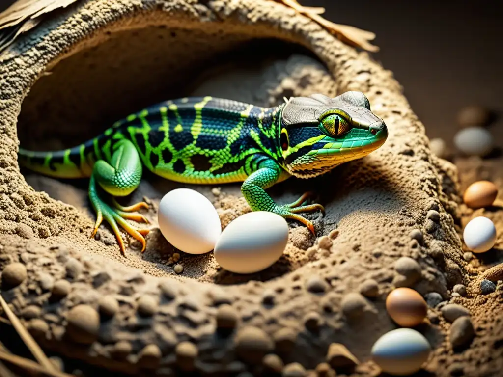 Detalle ultrarrealista de una reptil hembra poniendo huevos en su nido excavado, resaltando la biología reproductiva de reptiles