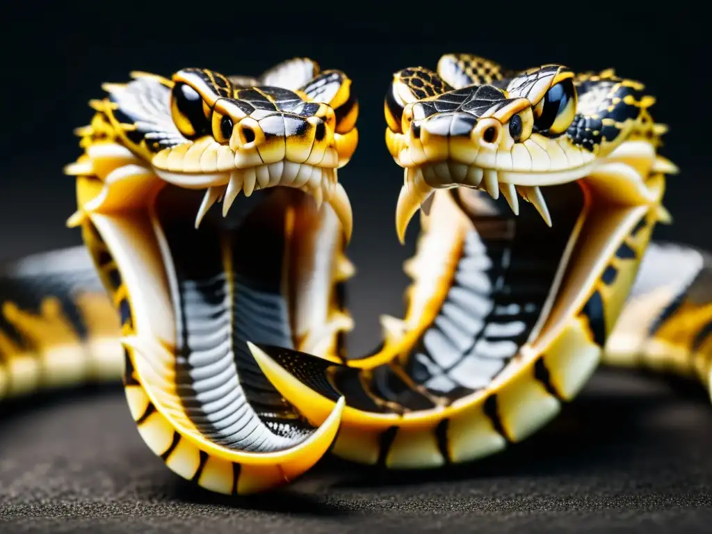 Detalle ultrarrealista de fangs venenosas de serpiente y aguijón de escorpión, lado a lado en fondo oscuro