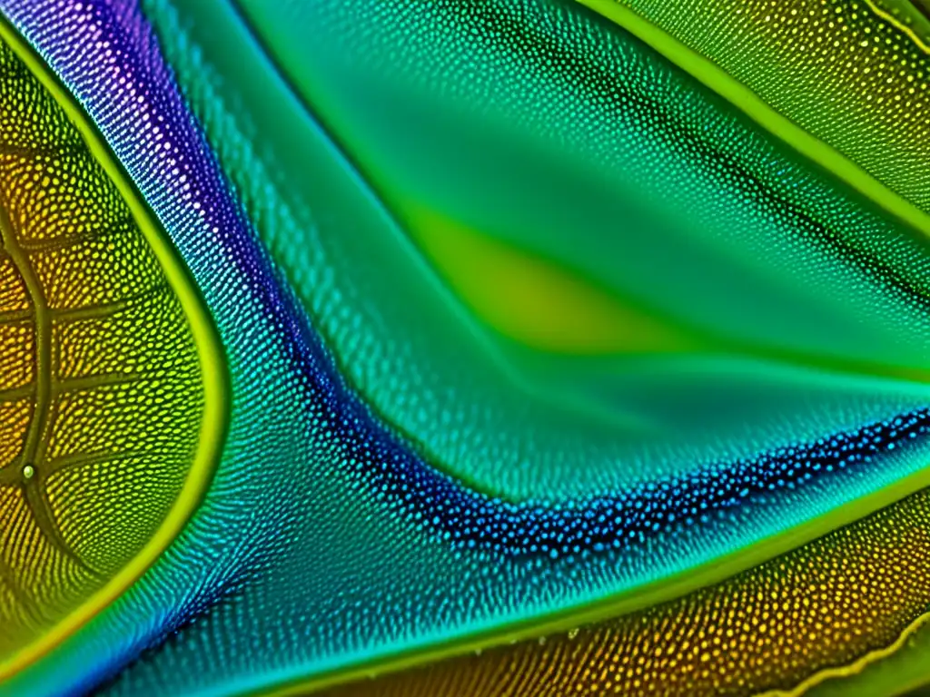 Detalle único de la piel de un anfibio bajo microscopio, con patrones y texturas fascinantes, en colores vibrantes