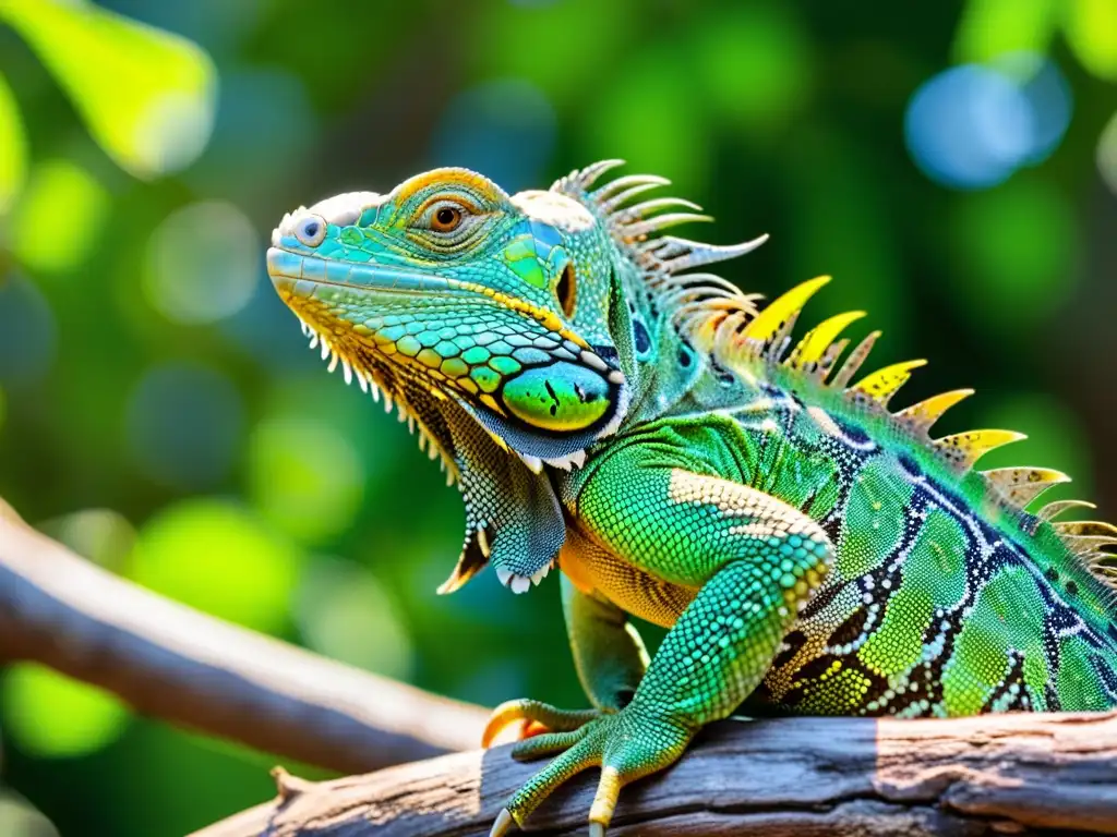 Detalle de iguana verde en su hábitat natural, conductas territoriales reptiles marcado