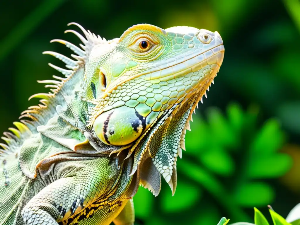 Detalle de iguana verde comiendo hojas, mostrando textura de escamas, colores vibrantes y patrones de lengua