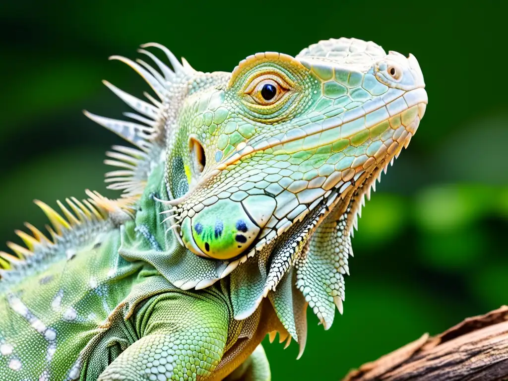 Detalle de iguana verde en postura defensiva, estrategias escape reptiles evadir peligro