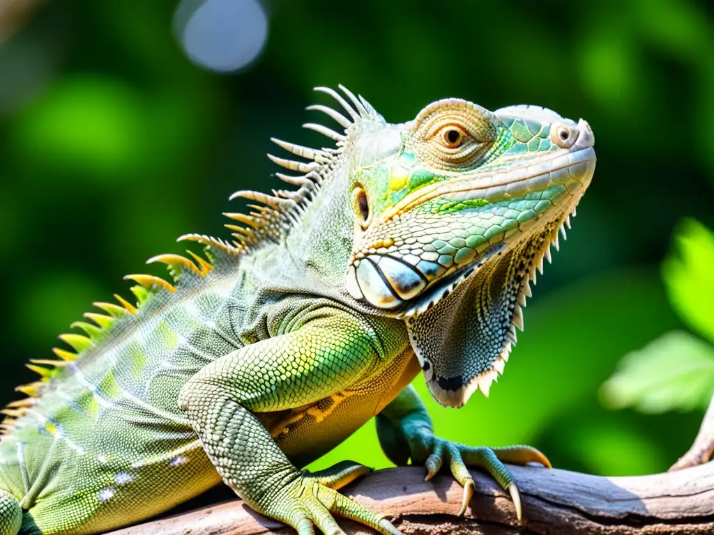 Majestuosa iguana verde: detalle asombroso Detalle de iguana verde en rama, con escamas visibles y ojo curioso