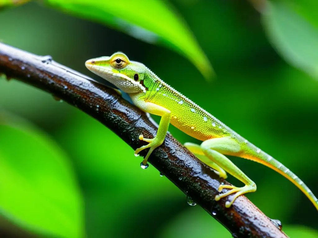 Detalle de lagarto anolis verde en selva tropical, resaltando la importancia de la humedad en reptiles