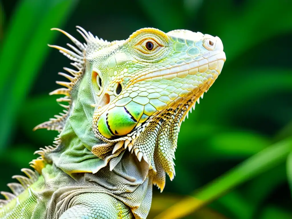 Detalle de iguana verde comiendo vegetales, resalta la piel vibrante y la alimentación natural