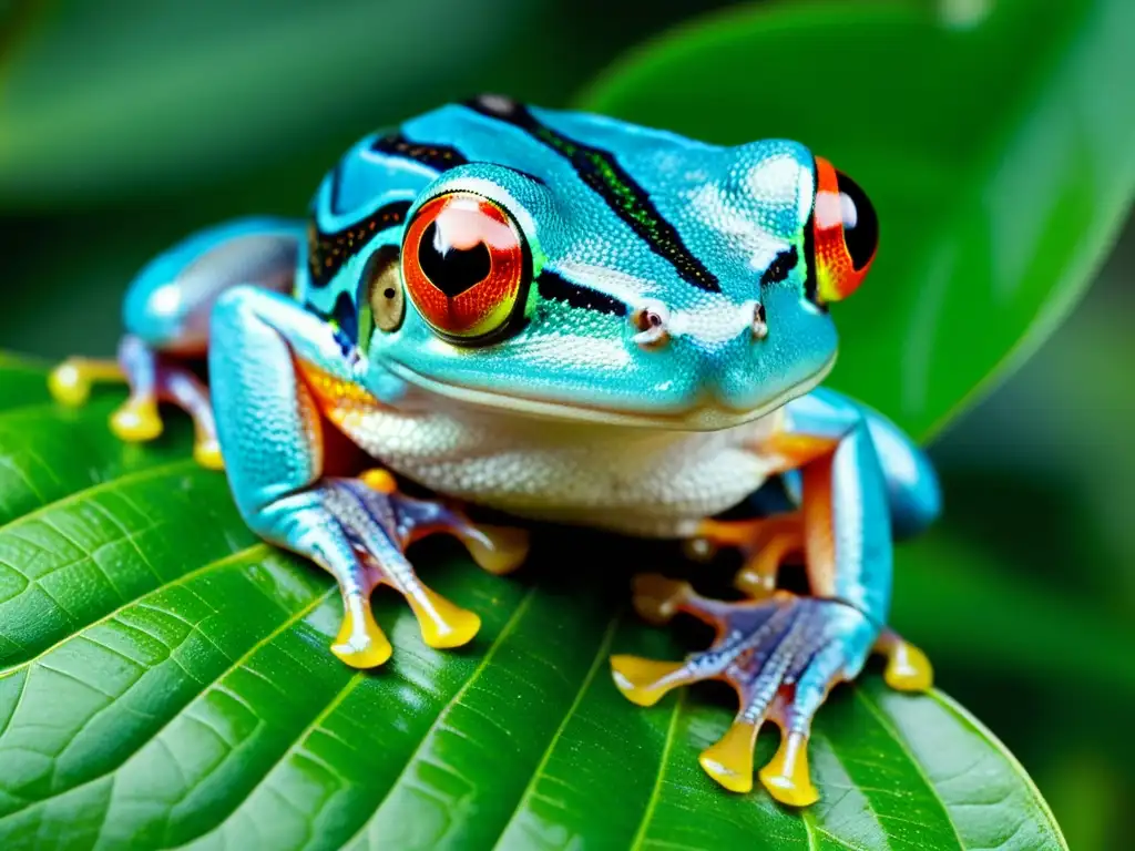 Detalle del vibrante árbol rana con tonalidades verdes y azules, inmerso en exuberante follaje tropical