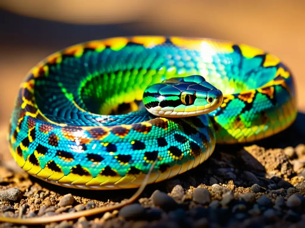 Detalle vibrante de escamas de serpiente comunicando a través del suelo con colores y texturas fascinantes