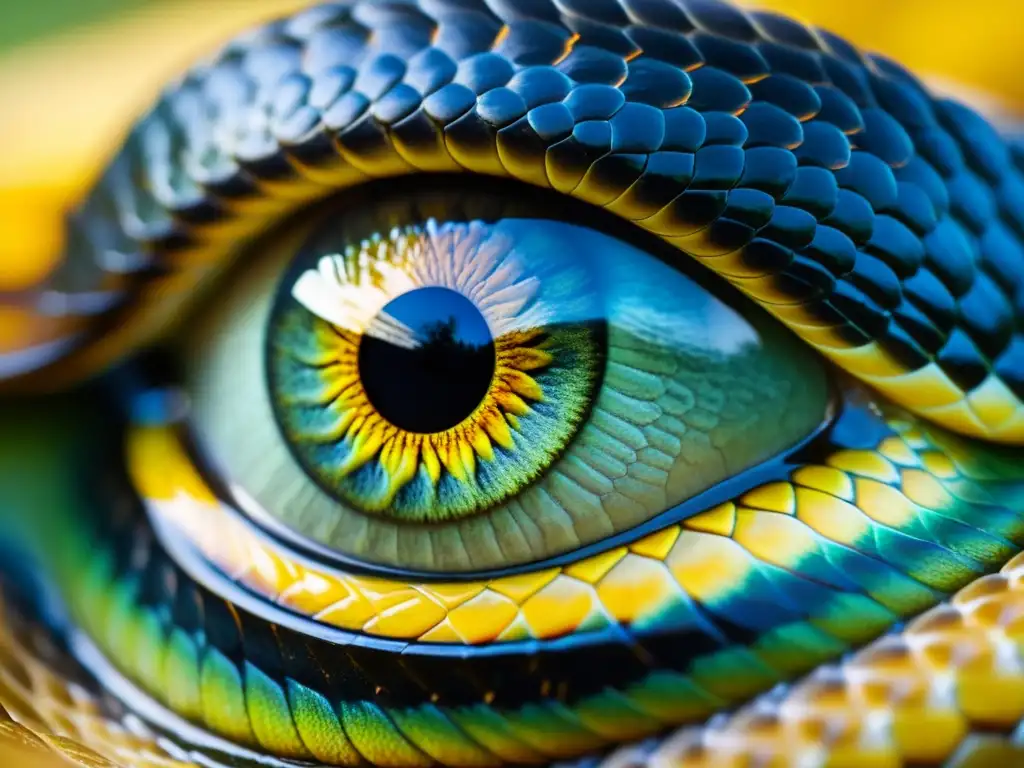 Detalle vibrante del ojo de una serpiente, con sus patrones irisados y las escamas circundantes