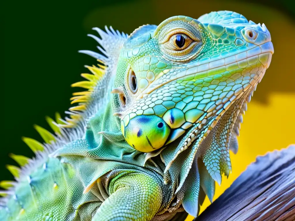 Detalle vibrante de la piel de una iguana verde, con escamas y colores intensos