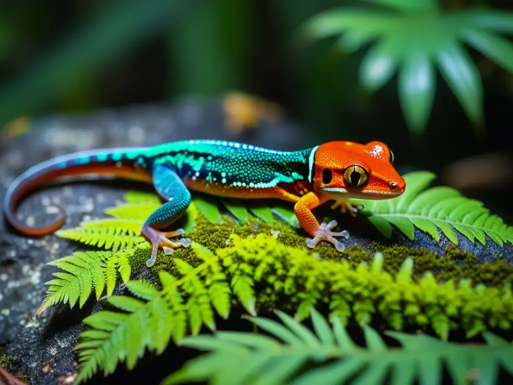 Detalle vibrante: gecko y salamandra descansan en roca cubierta de musgo en selva tropical