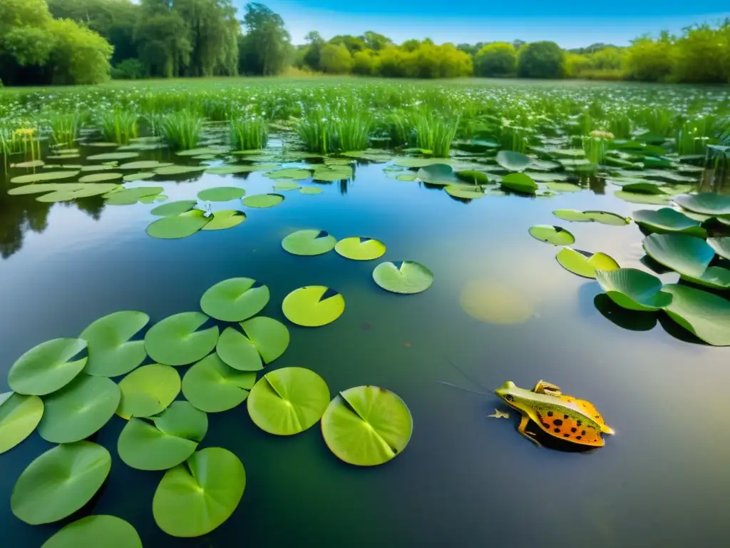 Vida en un estanque: la metamorfosis de los anfibios Detalle vívido del ciclo de vida renacuajo anfibio en un ecosistema de estanque, con lirio verde y fauna colorida