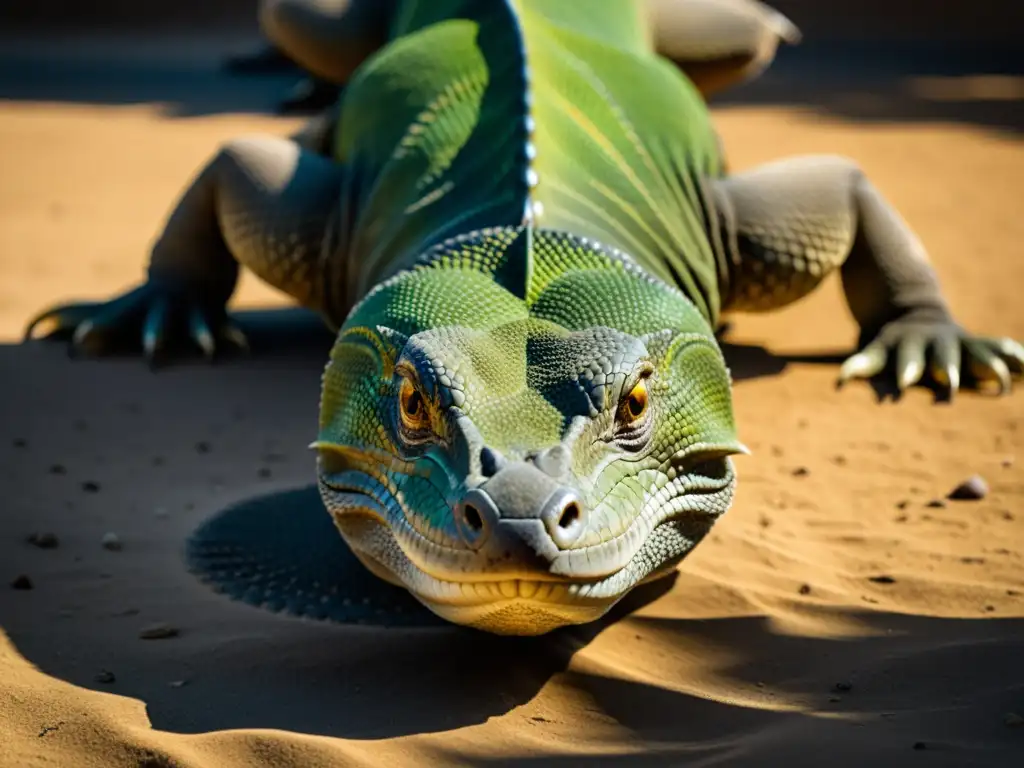 Detalles asombrosos de las escamas del dragón de Komodo en 8K, destacando sus patrones y texturas