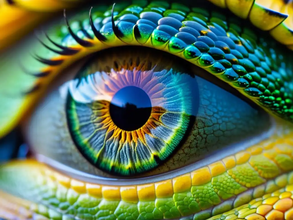 Detalles asombrosos del ojo de un reptil, con escamas, colores vibrantes y pupila elíptica