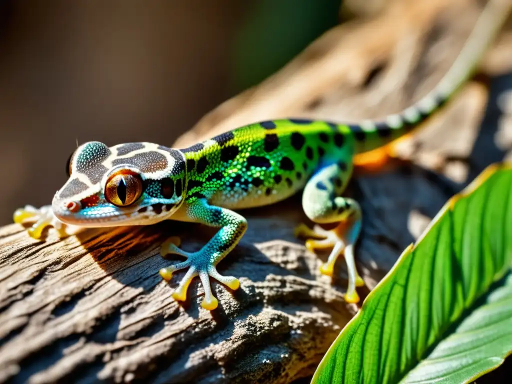 Detalles asombrosos de un pequeño gecko en su hábitat natural, resaltando la belleza de las pequeñas especies reptiles cuidados