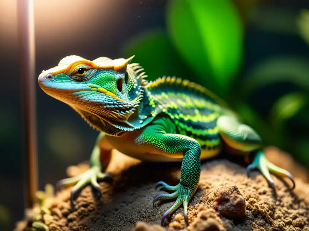 Detalles asombrosos del reptil cautivo en terrario, bajo luz sutil