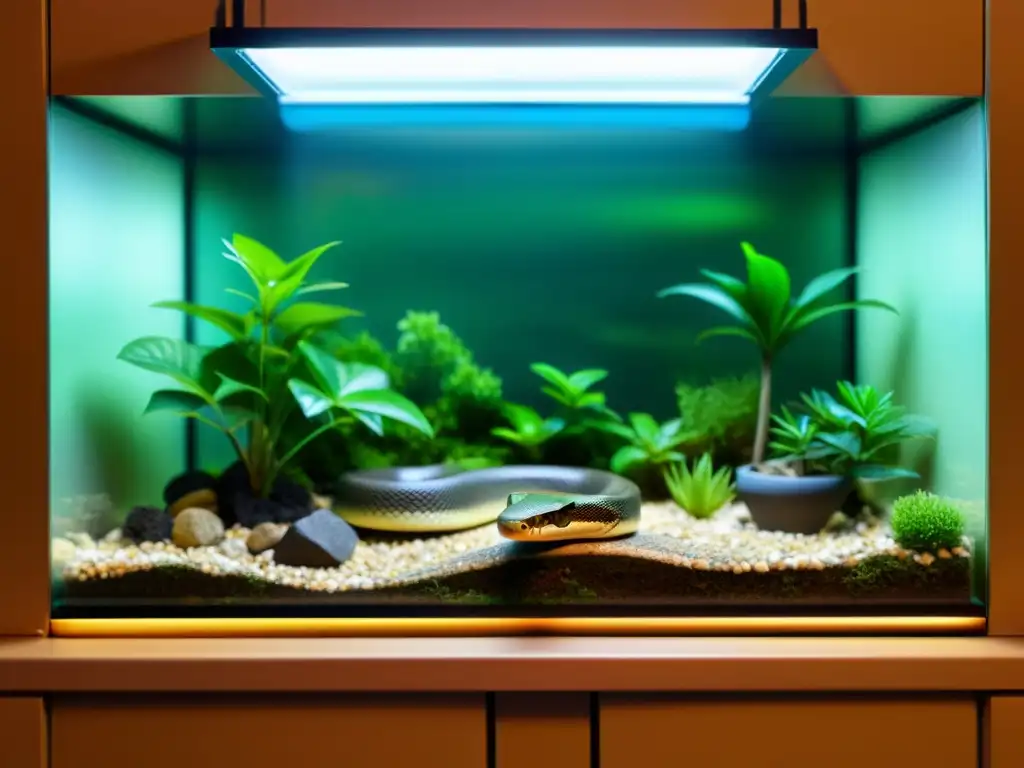 Detalles cuidados en adaptaciones ambientales para cría serpientes en terrario bien iluminado