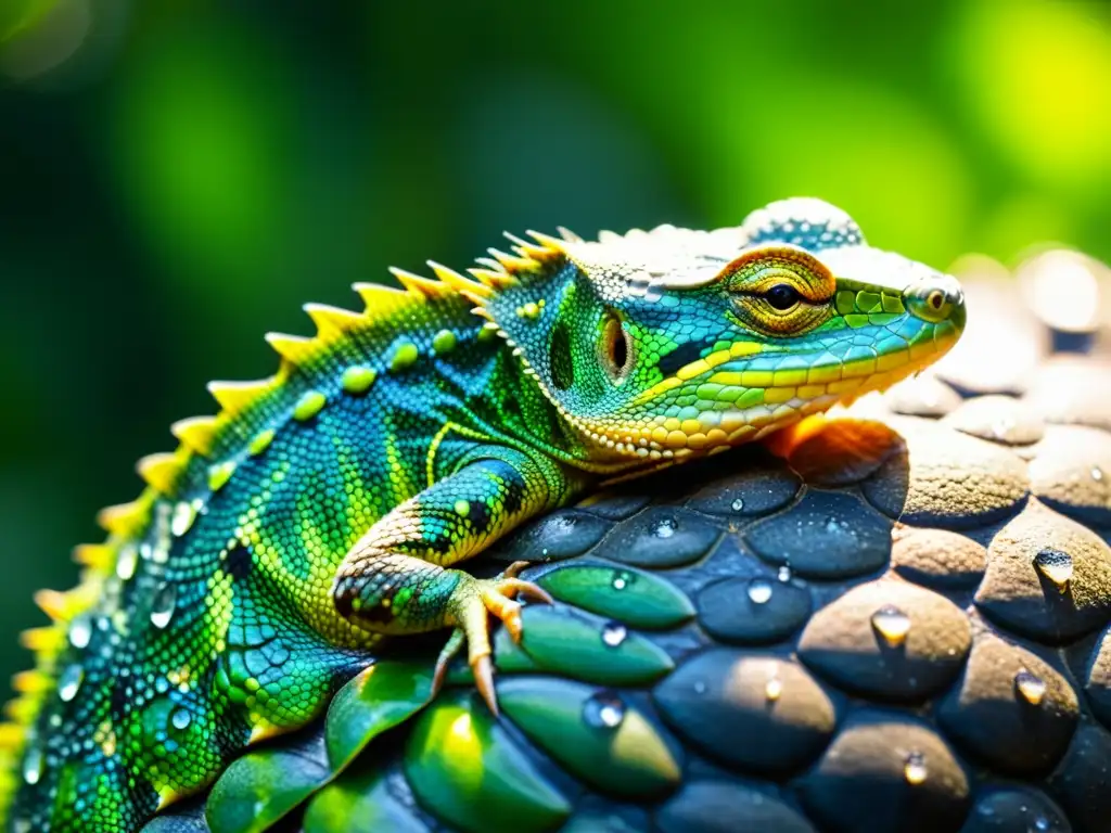 Detalles de las escamas de un reptil con gotas de agua, resaltando su piel en un entorno selvático