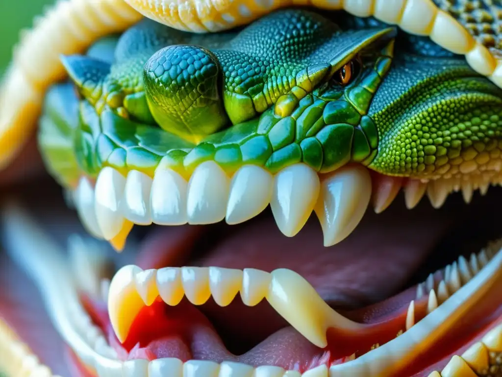 Detalles impresionantes del interior de la boca de un reptil, mostrando escamas, dientes y la estructura oral