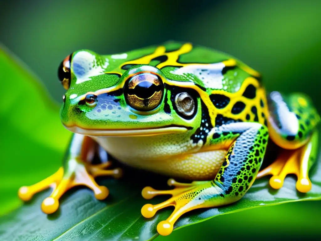 Detalles en piel de rana tropical con patrones verdes y amarillos, destacando su adaptación a temperaturas extremas