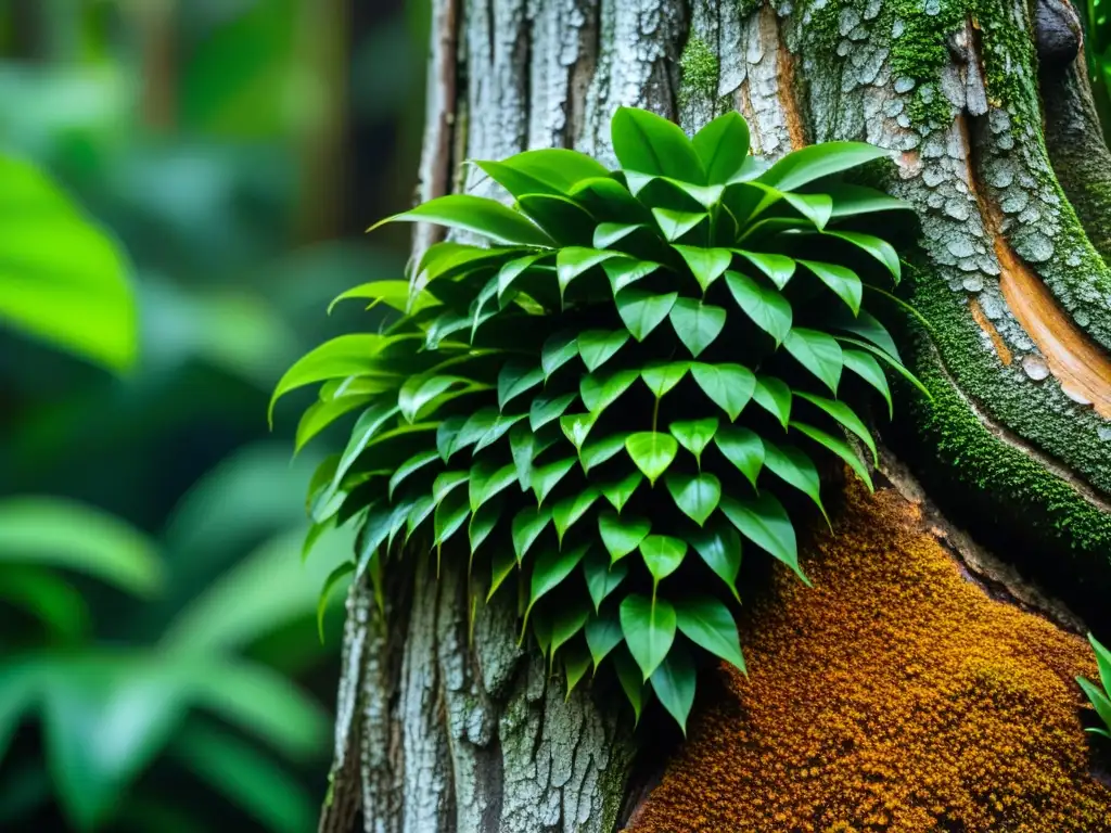 Detalles de planta epifita verde en hábitat natural, reflejando la función de las plantas vivas en hábitats artificiales