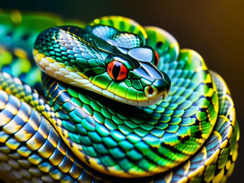 Detalles sensoriales de la piel de serpiente: textura y brillo iridiscente resaltados bajo luz enfocada