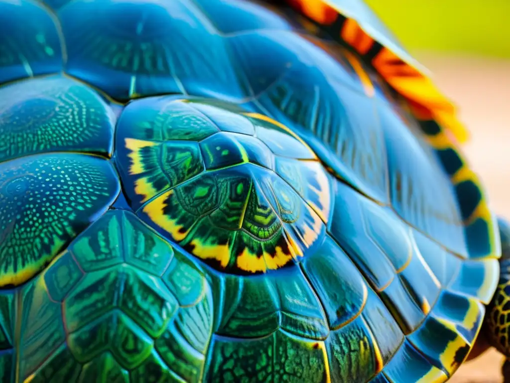 Detalles vibrantes y saludables del caparazón de una tortuga, reflejando su conexión con el entorno natural