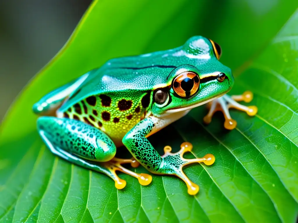 Detección temprana de enfermedades en anfibios: detalle asombroso de una rana verde en su hábitat natural, con piel translúcida y ojos dorados