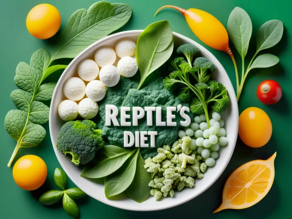 Dieta de reptiles: Detalle vibrante de alimentos ricos en calcio 'Dieta rica en calcio para reptiles: variedad de verduras, insectos con calcio y suplemento en polvo