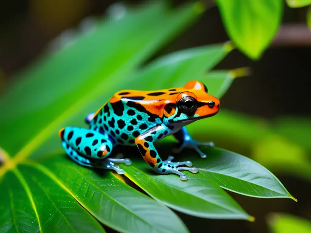 Diferencias cría reptiles anfibios: Imagen detallada de una rana dardo en la selva, con colores vibrantes y energía salvaje