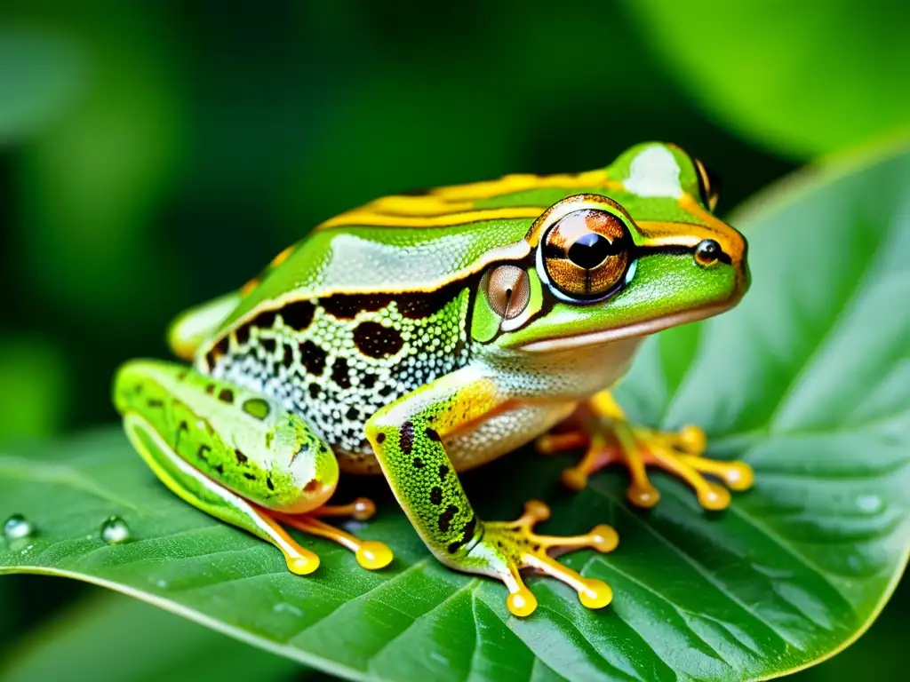 Diferencias cría reptiles anfibios: Detalle de una rana verde en una hoja con gotas de agua, en un bosque tropical con luz suave