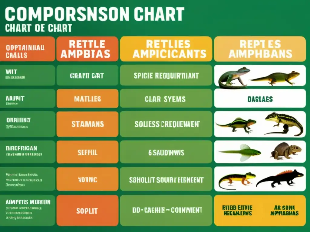 Diferencias nutricionales entre reptiles y anfibios: Gráfico detallado de comparación de requisitos dietéticos y sistemas digestivos